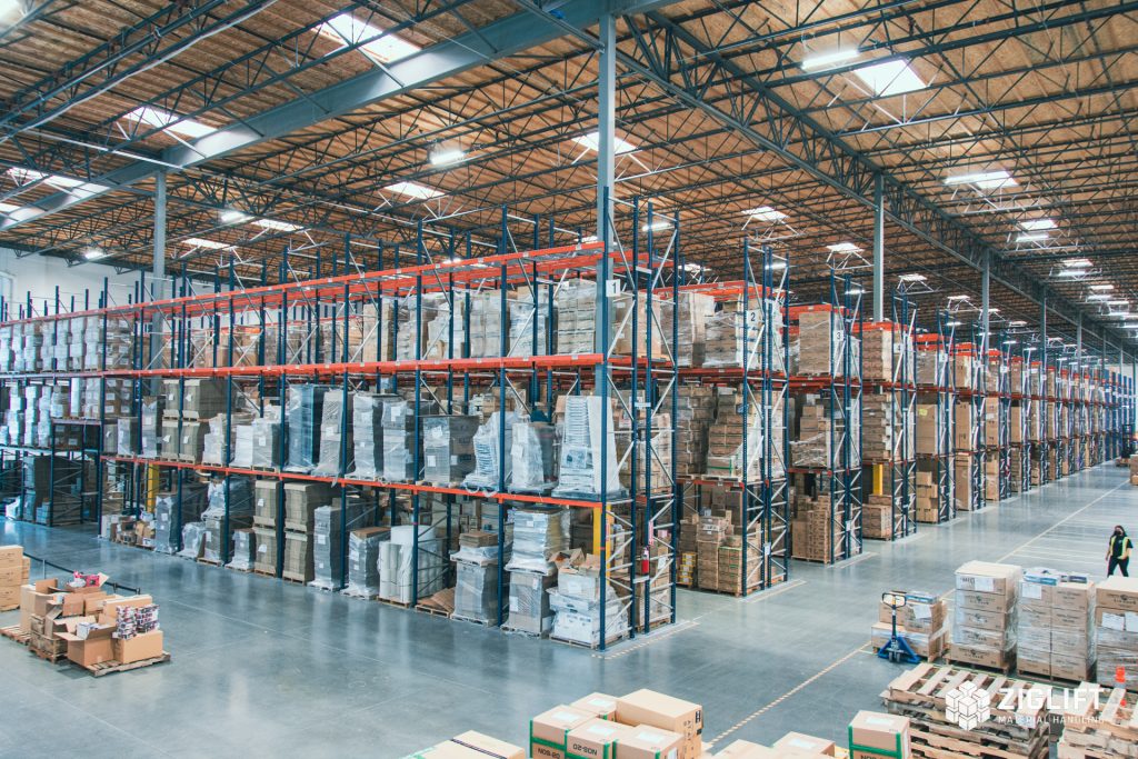 Rows of industrial pallet racks loaded with pallets in a Milwaukee warehouse